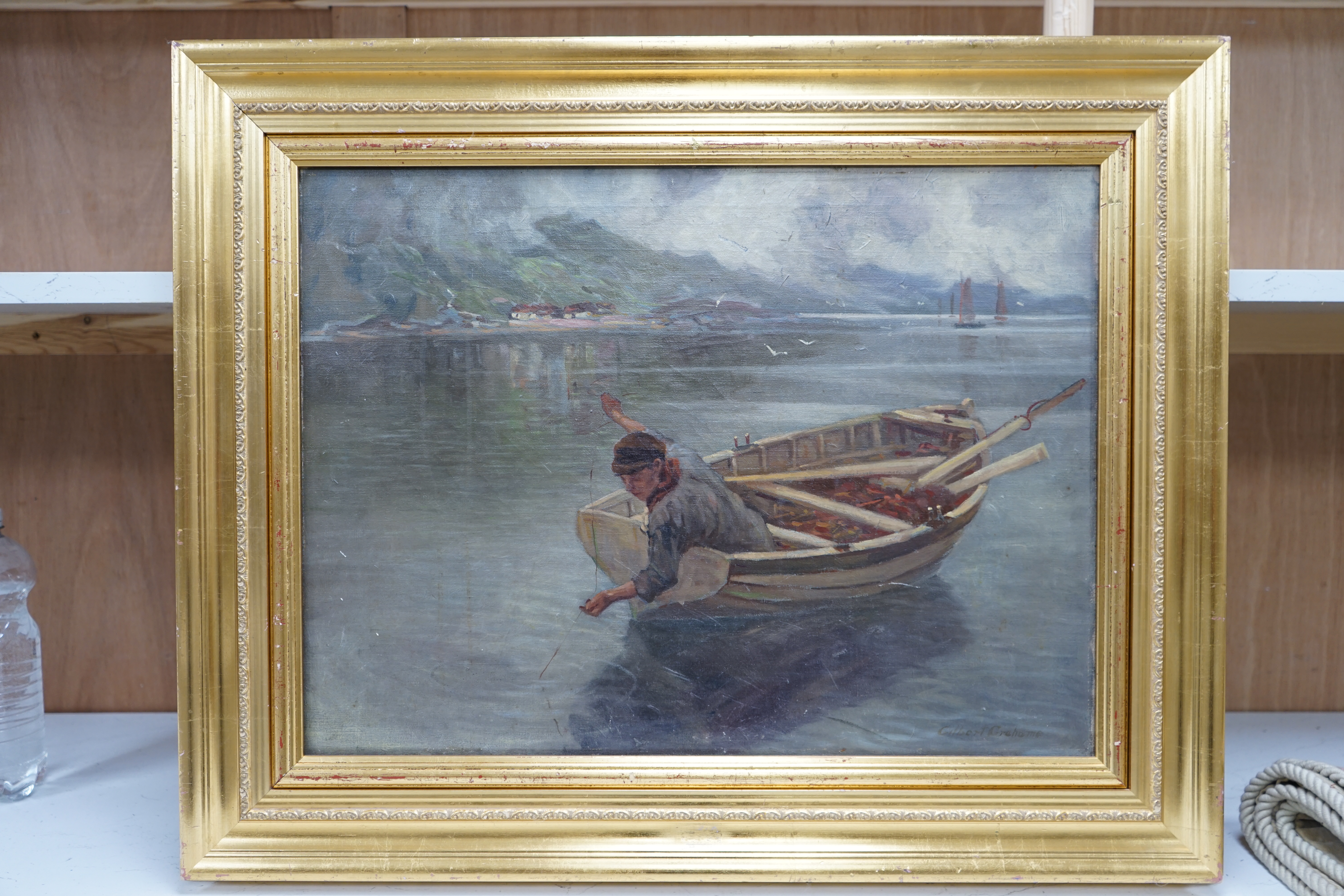 John Gilbert Graham (Scottish, 1794-1866), oil on canvas, 'Fishing on a Loch', signed, 45 x 60cm, gilt framed. Condition - fair to good, surface dirt and some wear to the paint